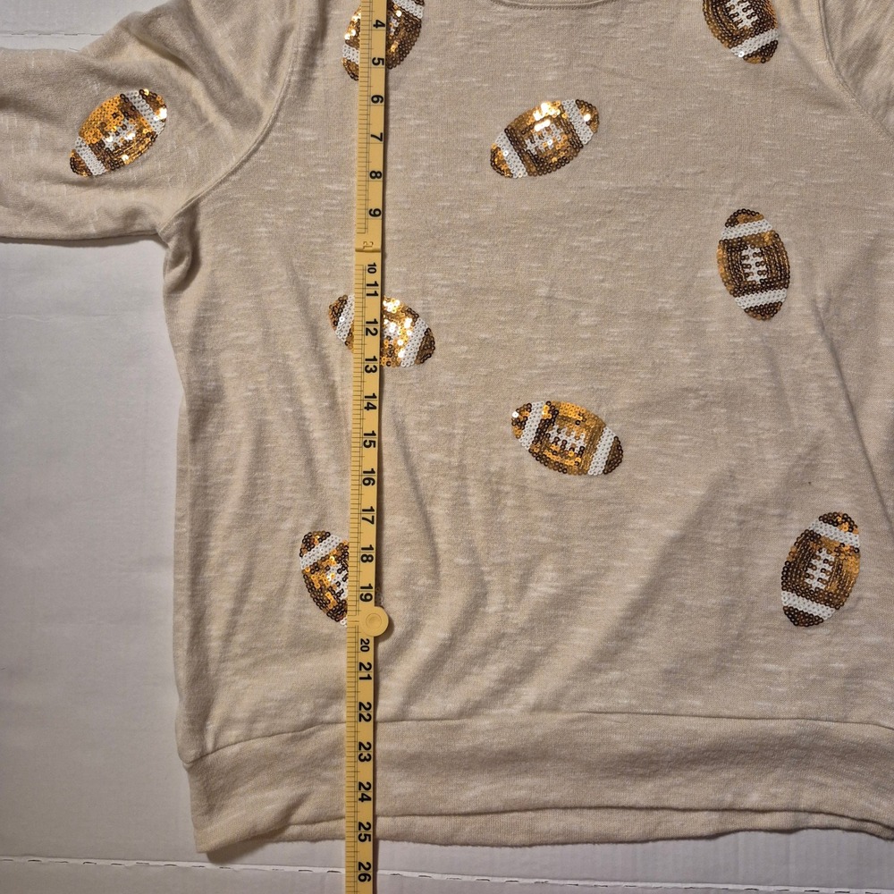 Tru Self Sequin‎ Football Sweatshirt Womens Lg Cream Long Sleeve Casual Cozy Top - Picture 9 of 9